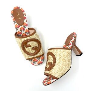 Gucci Mabel Interlocking GG Logo Raffia Sandals Slides Mules Heels Brown 37 7